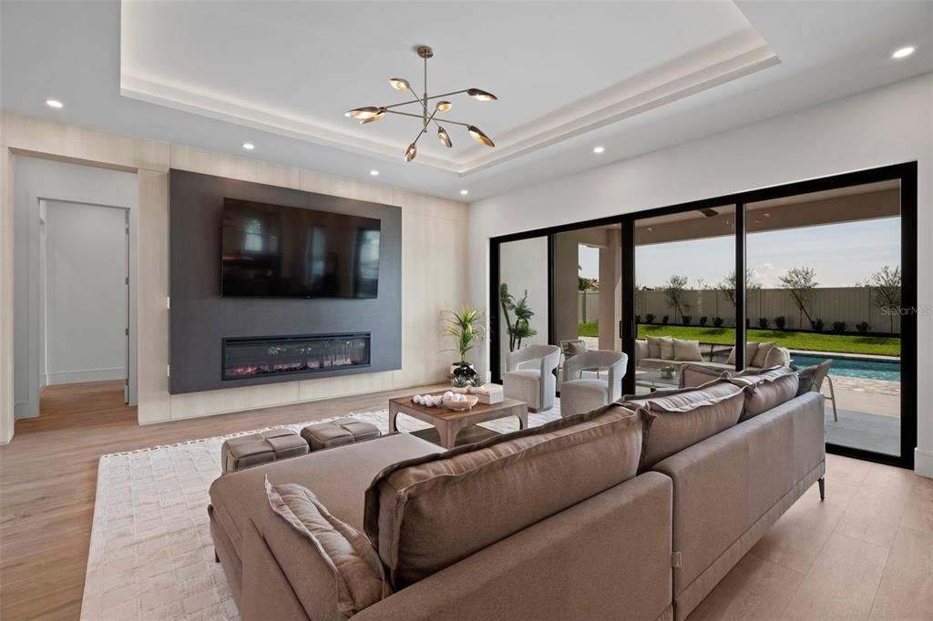 Fireplace, Interior, Living room, Pendant Lights, Recessed Lighting, Wood Texture Flooring