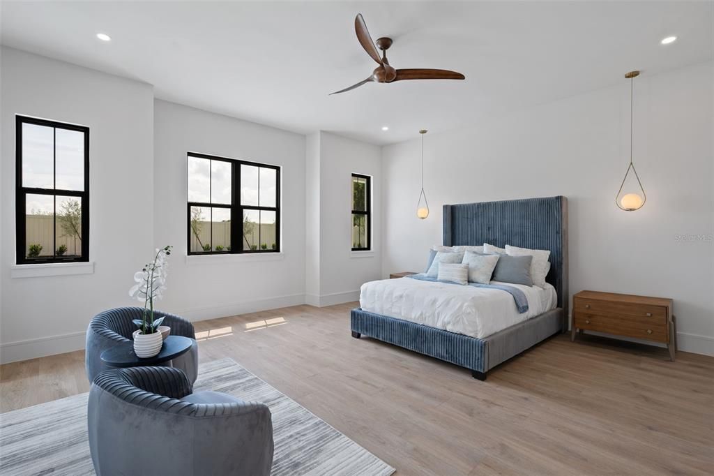 Bedroom, Interior, Pendant Lights, Recessed Lighting, Wood Texture Flooring
