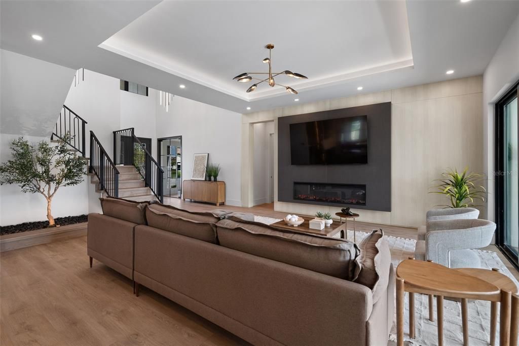 Fireplace, Interior, Living room, Pendant Lights, Recessed Lighting, Wood Texture Flooring