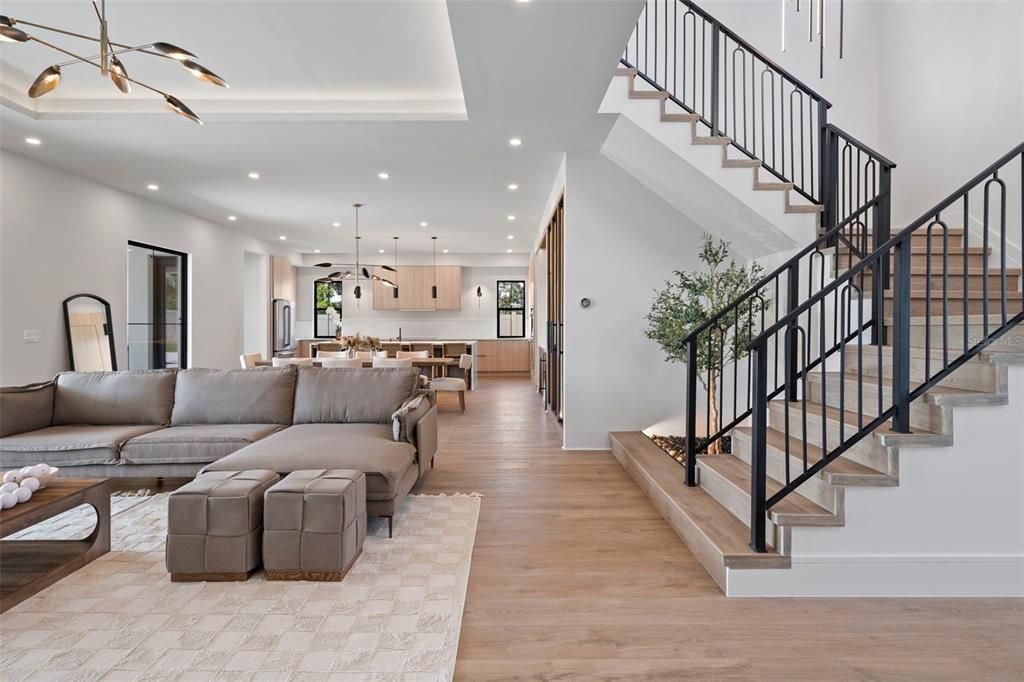 Interior, Kitchen, Living room, Pendant Lights, Recessed Lighting, Wood Texture Flooring