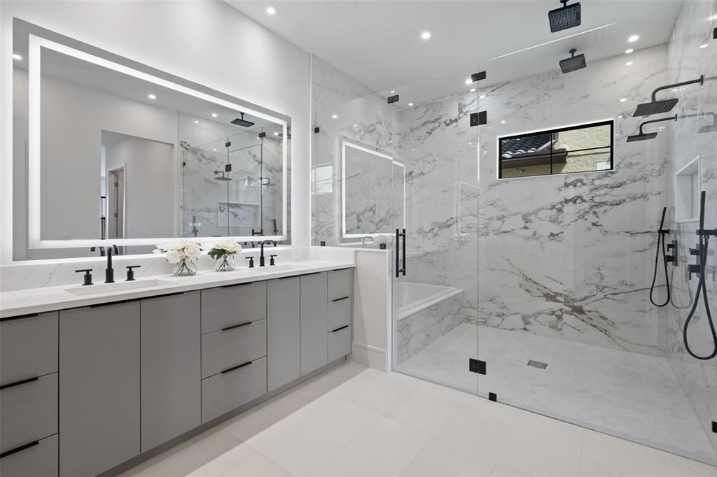 Bathroom, Dual Sink Vanities, Glass Shower, Interior, Marble Walls, Recessed Lighting