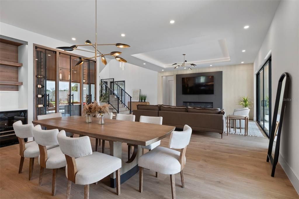Dining room, Interior, Living room, Pendant Lights, Recessed Lighting, Wood Texture Flooring
