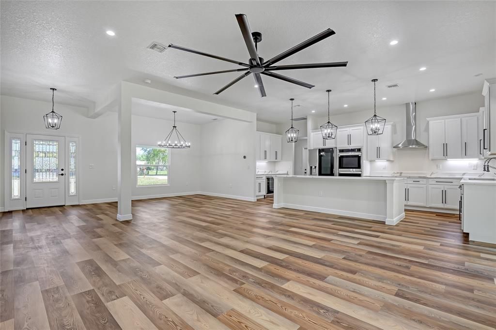 Empty room, Interior, Kitchen, Pendant Lights, Recessed Lighting, Wood Texture Flooring