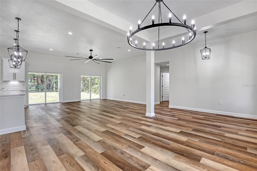 Empty room, Interior, Pendant Lights, Recessed Lighting, Wood Texture Flooring