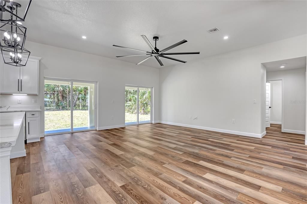 Empty room, Interior, Pendant Lights, Recessed Lighting, Wood Texture Flooring