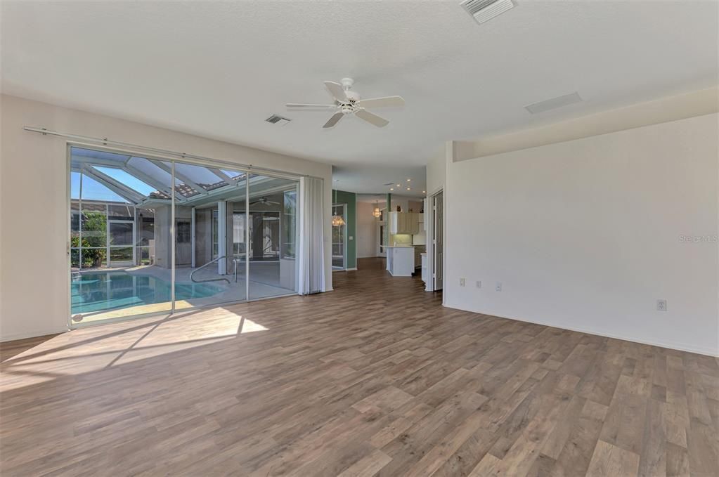 Empty room, Interior, Pool, Recessed Lighting, Wood Texture Flooring