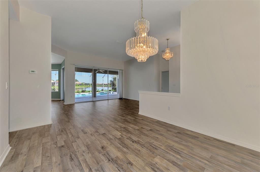 Chandelier, Empty room, Interior, Wood Texture Flooring