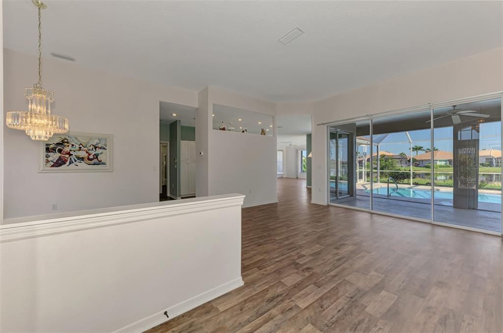 Chandelier, Empty room, Interior, Recessed Lighting, Wood Texture Flooring