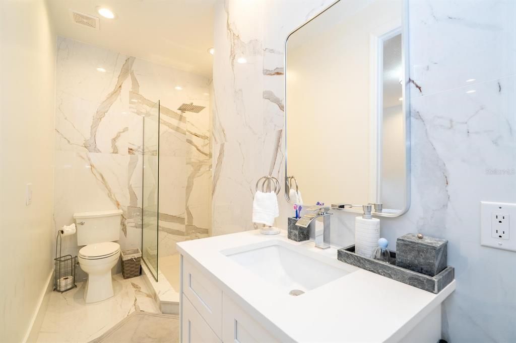 Bathroom, Glass Shower, Interior, Marble, Marble Walls, Recessed Lighting