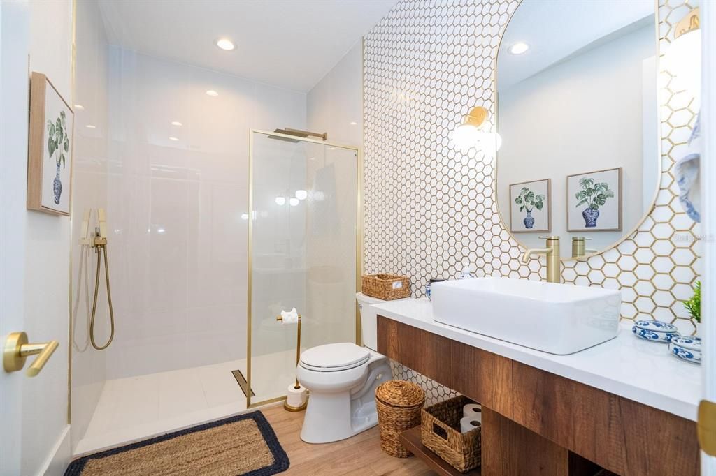Bathroom, Glass Shower, Interior, Recessed Lighting, Wood Texture Flooring