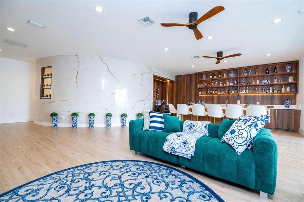 Interior, Marble Walls, Recessed Lighting, Wood Texture Flooring
