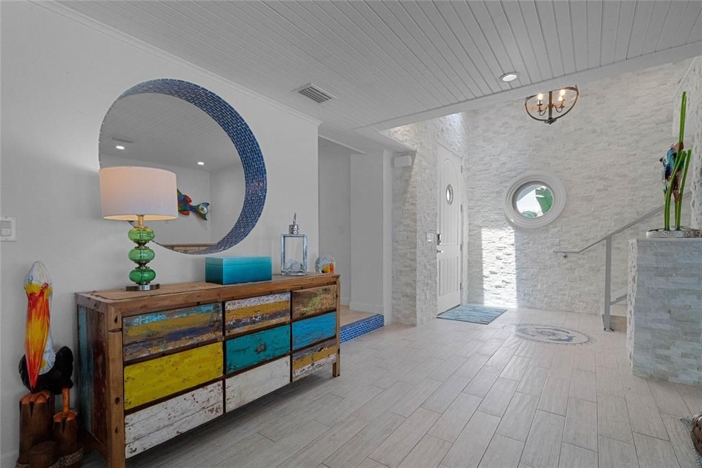 Interior, Recessed Lighting, Stone Walls, Wood Texture Flooring