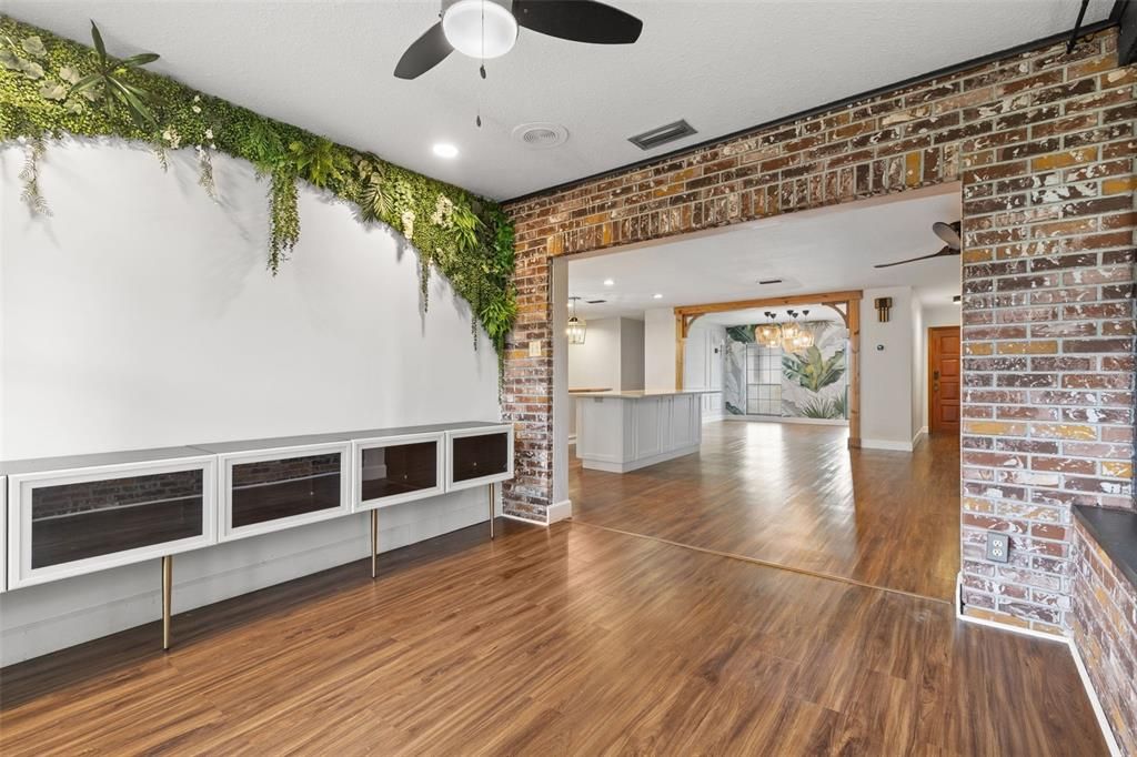 Empty room, Interior, Recessed Lighting, Stone Walls, Wood Texture Flooring