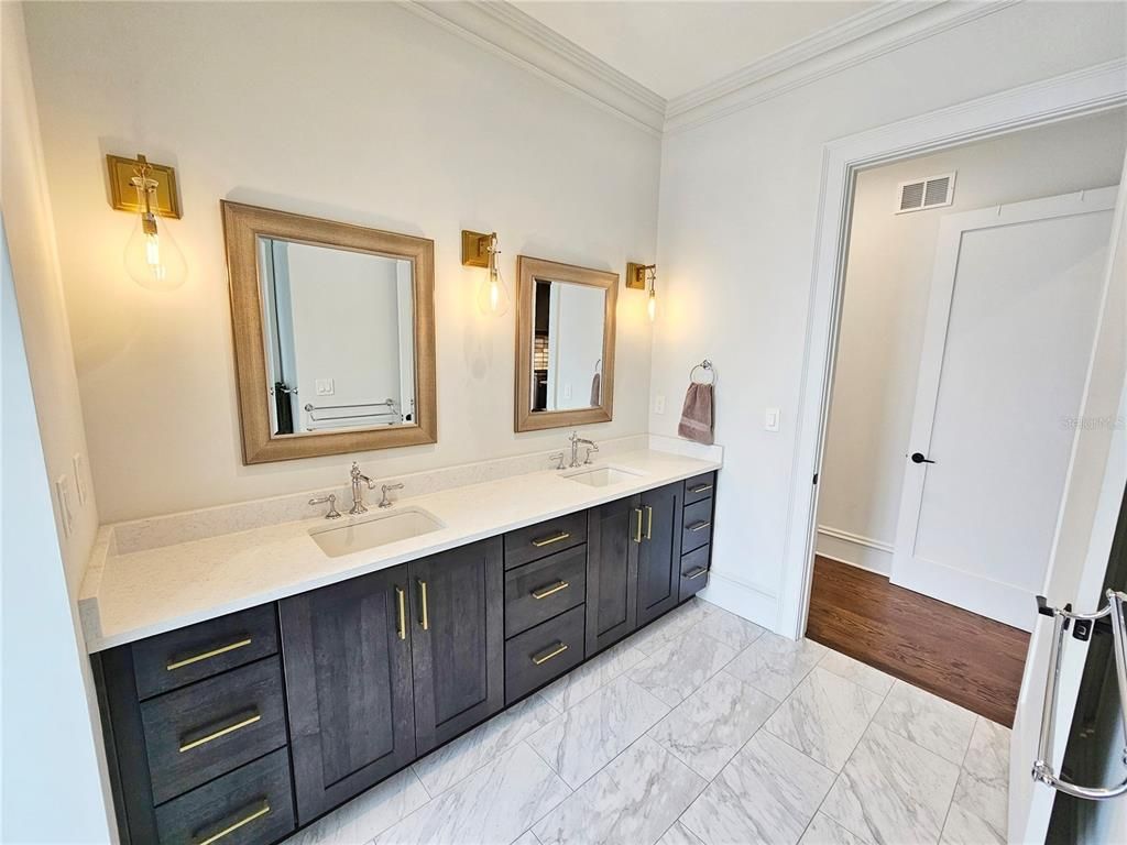 Bathroom, Dual Sink Vanities, Interior, Marble, Wood Texture Flooring