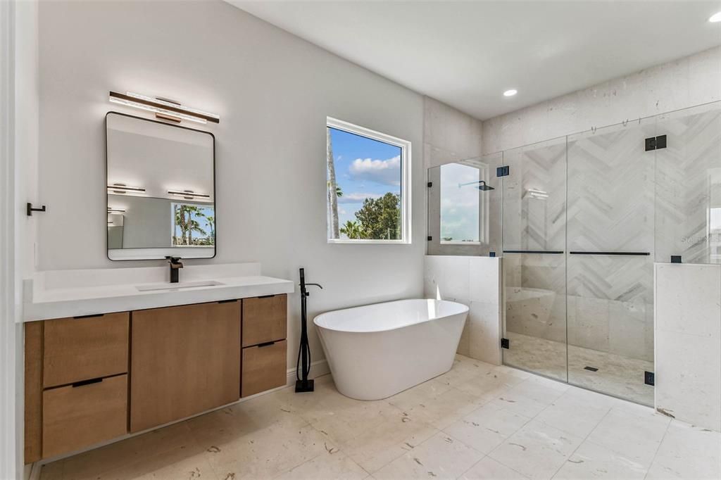 Bathroom, Dual Sink Vanities, Free Standing Baths, Glass Shower, Interior, Recessed Lighting
