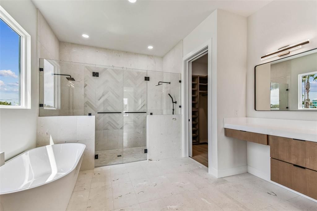Bathroom, Free Standing Baths, Glass Shower, Interior, Marble Walls, Recessed Lighting