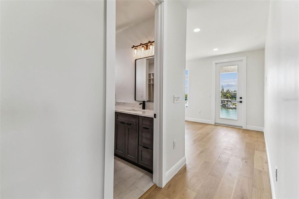 Bathroom, Empty room, Interior, Recessed Lighting, Wood Texture Flooring