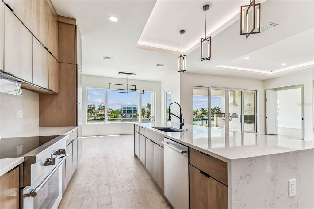 Interior, Kitchen, Pendant Lights, Recessed Lighting, Water, Wood Texture Flooring