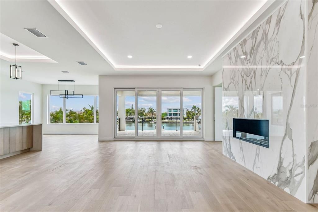 Interior, Marble Walls, Pendant Lights, Recessed Lighting, Water, Wood Texture Flooring