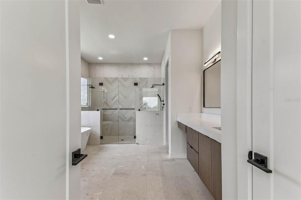 Bathroom, Glass Shower, Interior, Marble Walls, Recessed Lighting