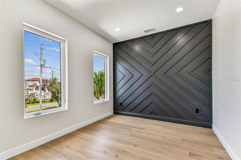 Empty room, Fireplace, Interior, Recessed Lighting, Wood Texture Flooring