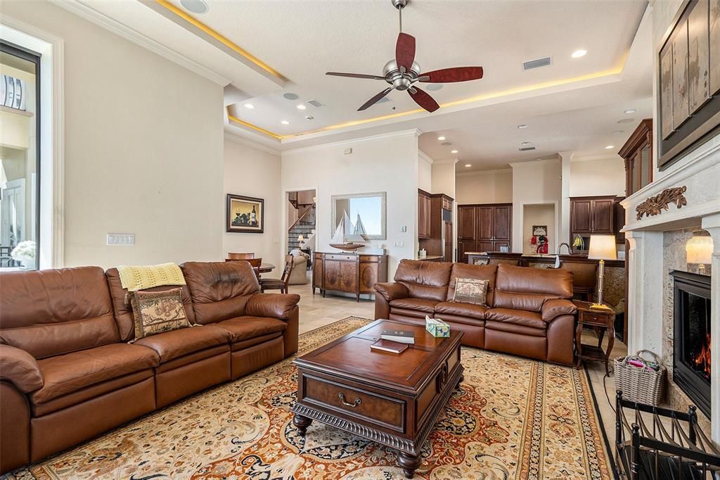 Fireplace, Interior, Kitchen, Living room, Recessed Lighting