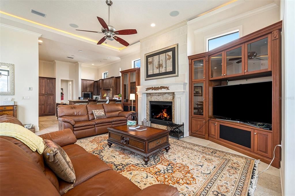 Fireplace, Interior, Kitchen, Living room, Recessed Lighting