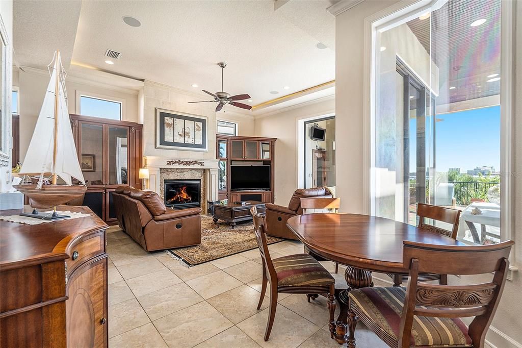 Dining room, Fireplace, Interior, Living room, Recessed Lighting