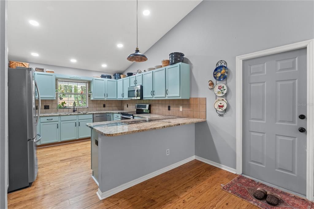Interior, Kitchen, Pendant Lights, Recessed Lighting, Wood Texture Flooring
