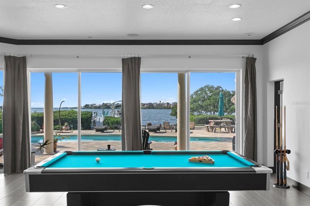 Billiard Table, Game Room, Interior, Recessed Lighting, Water, Wood Texture Flooring
