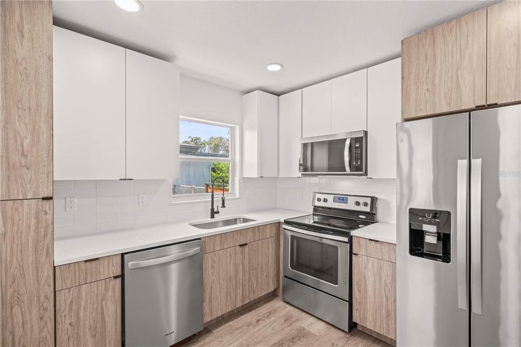 Interior, Kitchen, Recessed Lighting, Stainless Steel Appliances, Wood Texture Flooring