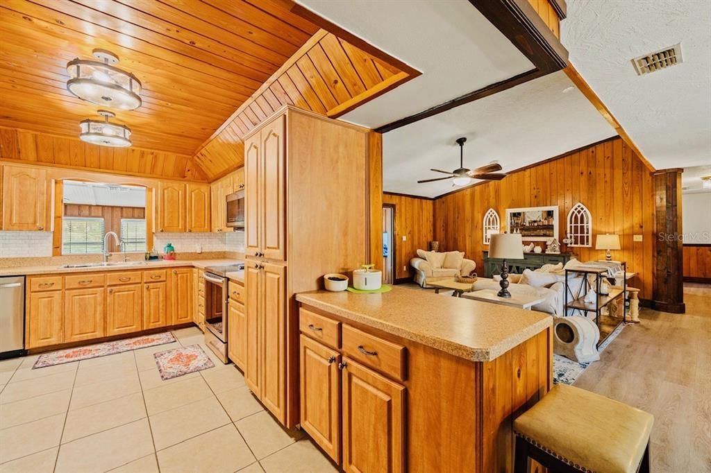 Interior, Kitchen, Living room, Wooden Ceilings, Wood Texture Flooring, Wooden Walls