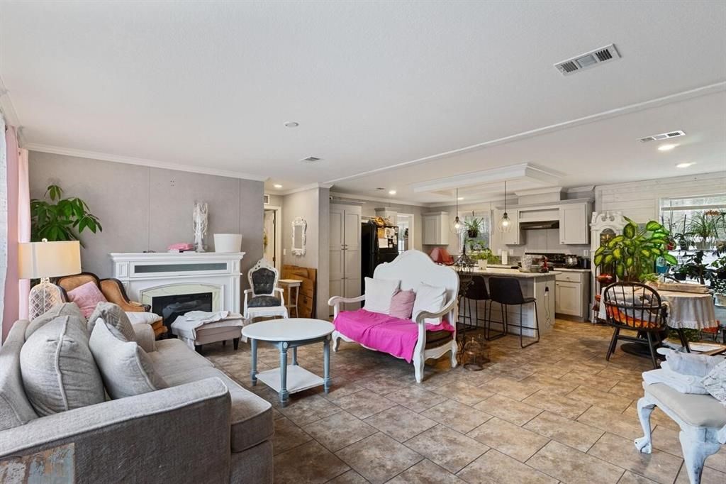 Dining room, Fireplace, Interior, Kitchen, Living room, Pendant Lights, Recessed Lighting