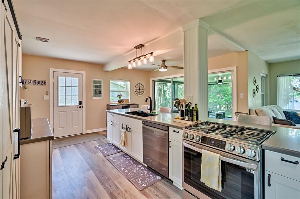 Interior, Kitchen, Pendant Lights, Stainless Steel Appliances, Wood Texture Flooring