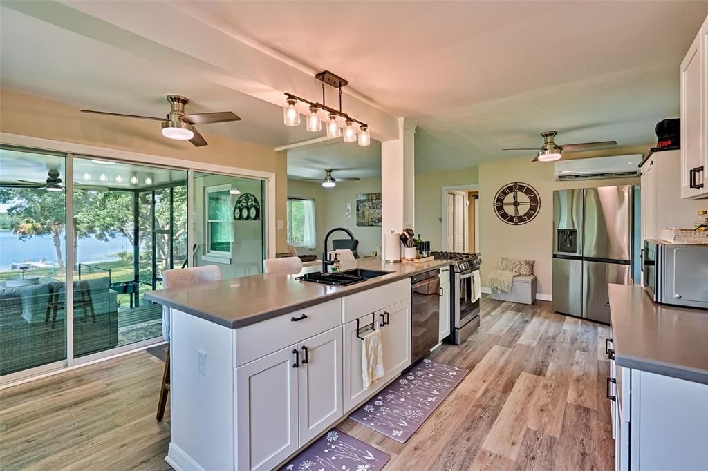 Interior, Kitchen, Pendant Lights, Stainless Steel Appliances, Water, Wood Texture Flooring