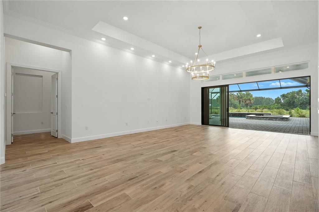 Empty room, Interior, Pendant Lights, Recessed Lighting, Wood Texture Flooring
