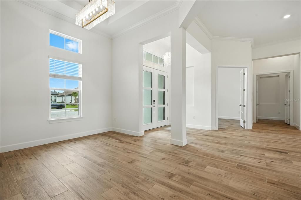 Chandelier, Empty room, Interior, Recessed Lighting, Wood Texture Flooring