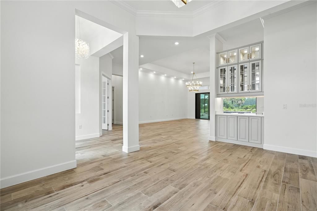 Chandelier, Empty room, Interior, Pendant Lights, Recessed Lighting, Wood Texture Flooring