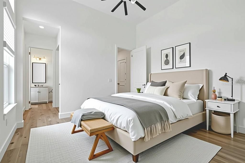 Bedroom, Interior, Recessed Lighting, Wood Texture Flooring