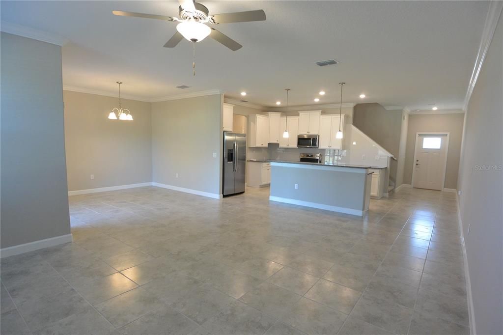 Empty room, Interior, Kitchen, Pendant Lights, Recessed Lighting, Stainless Steel Appliances