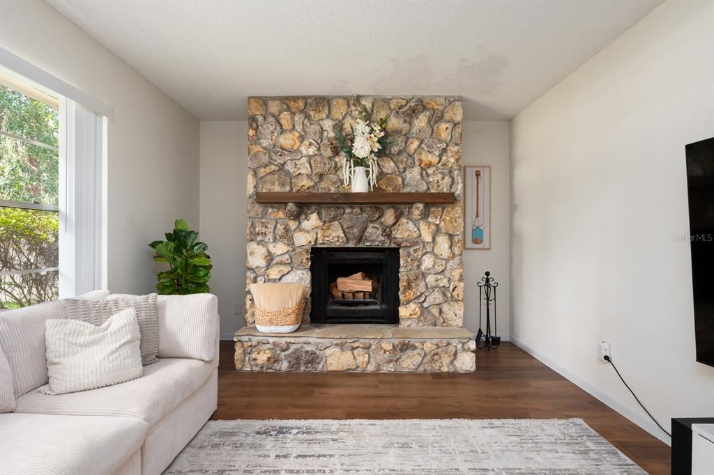 Fireplace, Interior, Stone Walls, Wood Texture Flooring