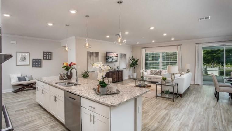Dining room, Interior, Kitchen, Living room, Pendant Lights, Recessed Lighting, Wood Texture Flooring