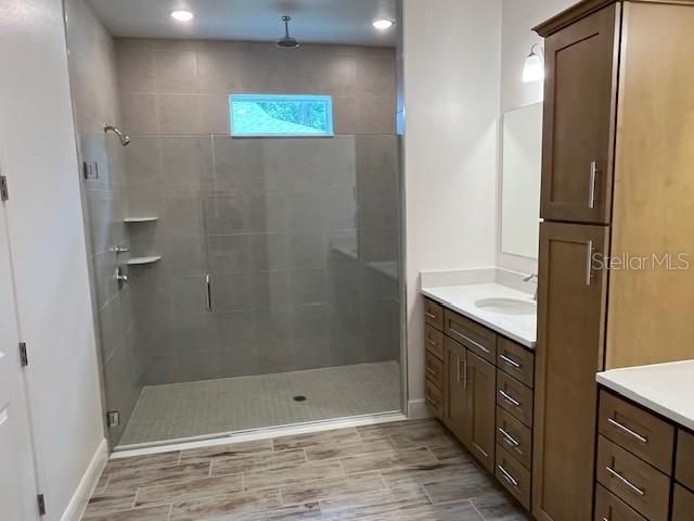 Bathroom, Glass Shower, Interior, Recessed Lighting, Wood Texture Flooring