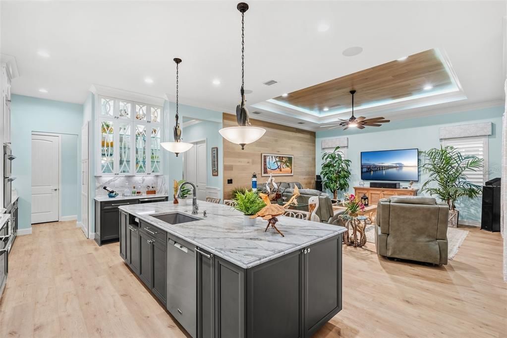 Interior, Kitchen, Living room, Pendant Lights, Recessed Lighting, Wooden Ceilings, Wood Texture Flooring