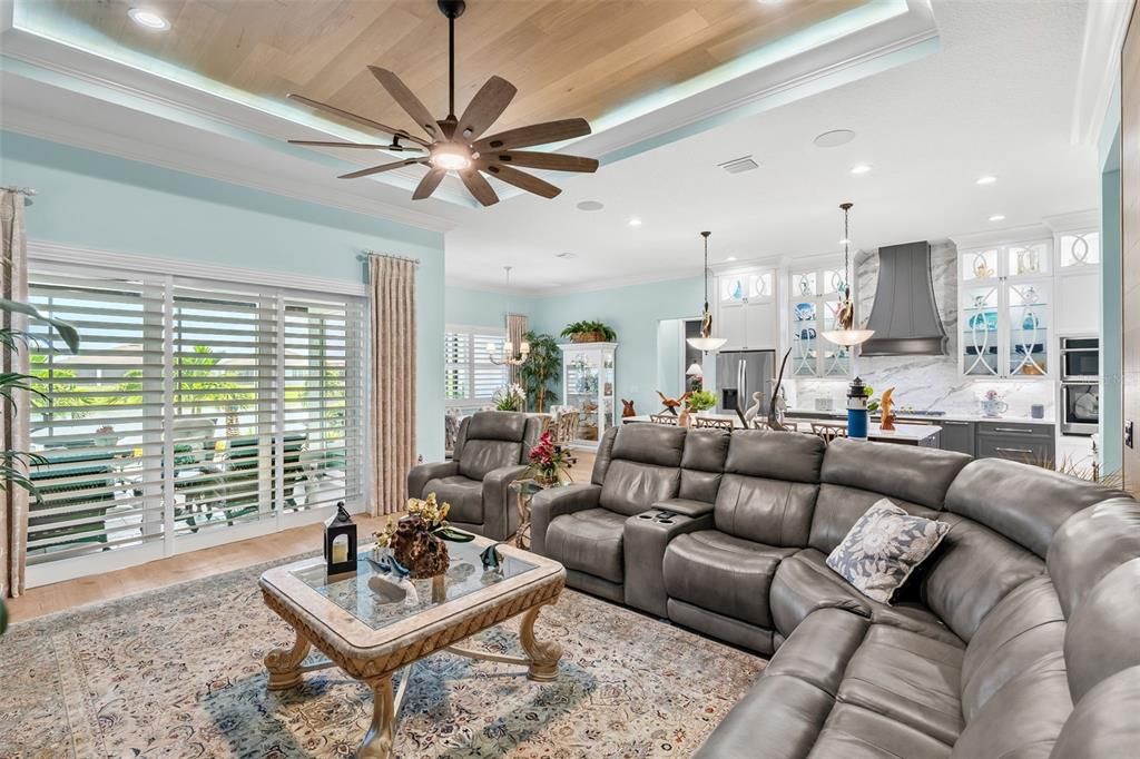 Interior, Kitchen, Living room, Pendant Lights, Recessed Lighting, Stainless Steel Appliances, Wooden Ceilings, Wood Texture Flooring