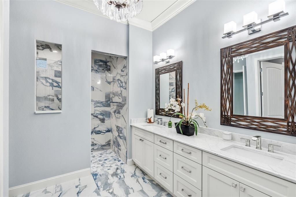 Bathroom, Chandelier, Dual Sink Vanities, Interior, Marble, Marble Walls