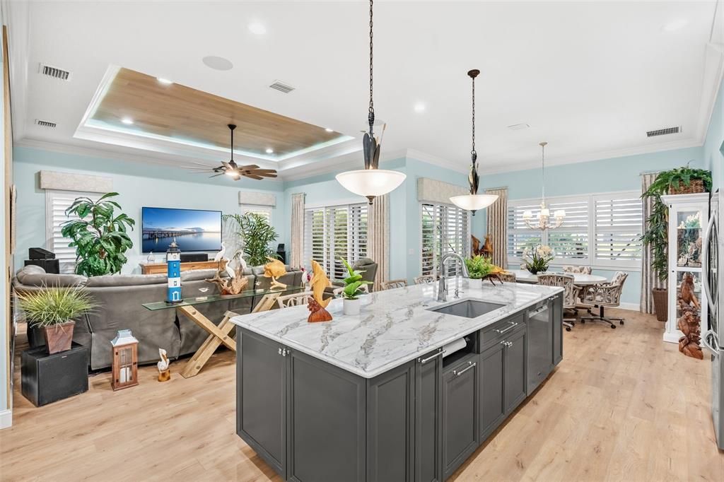 Dining room, Interior, Kitchen, Living room, Pendant Lights, Recessed Lighting, Wooden Ceilings, Wood Texture Flooring