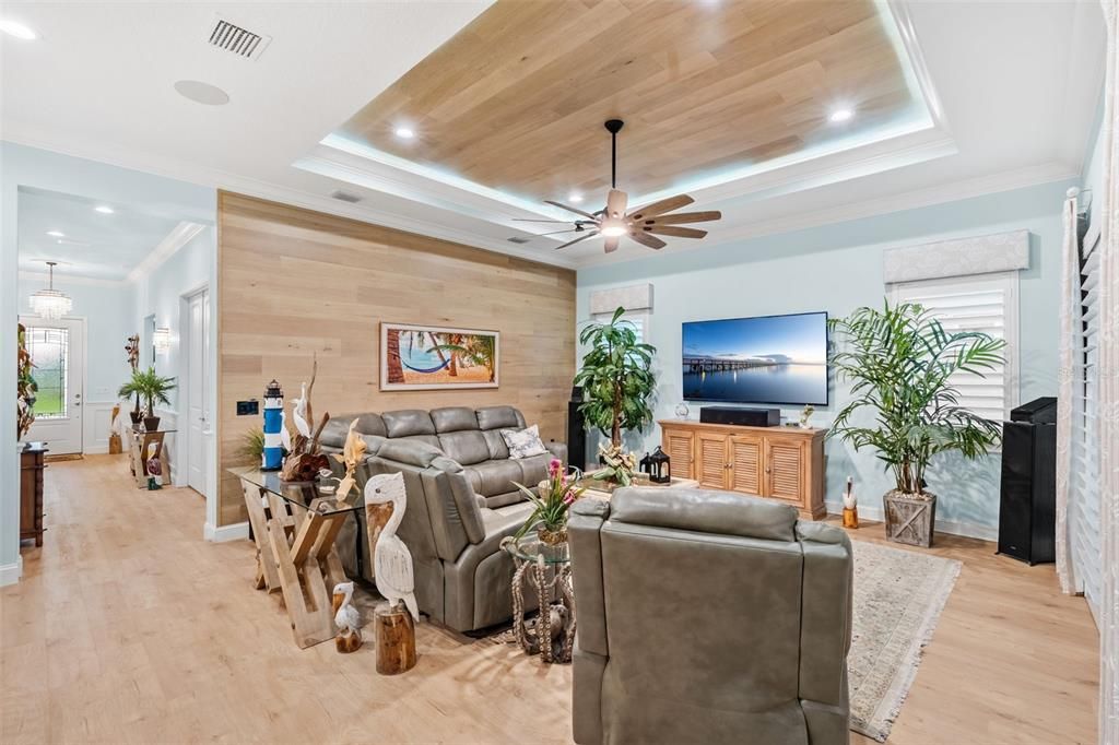 Interior, Living room, Pendant Lights, Recessed Lighting, Wooden Ceilings, Wood Texture Flooring, Wooden Walls