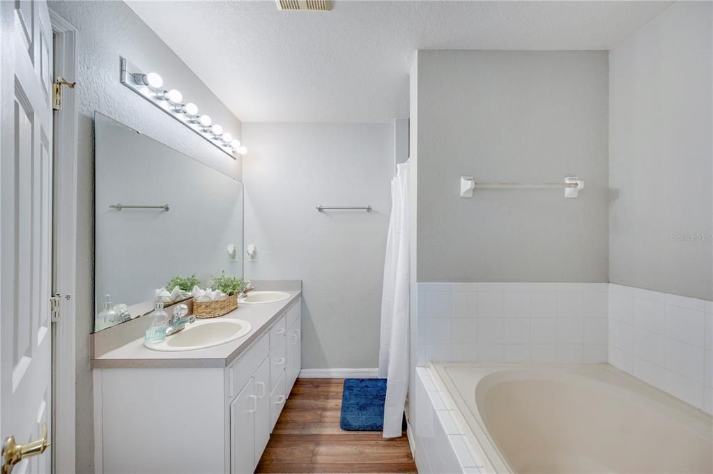 Bathroom, Dual Sink Vanities, Interior, Tile Countertops, Wood Texture Flooring