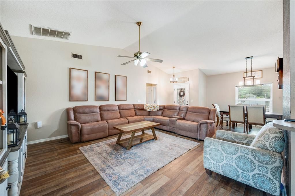 Dining room, Interior, Living room, Pendant Lights, Wood Texture Flooring